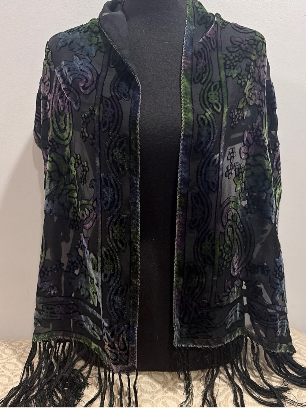 Velvet Burnout Scarf  Fringe Black Whimsigoth Witchy Dark Academia Moody Fairy